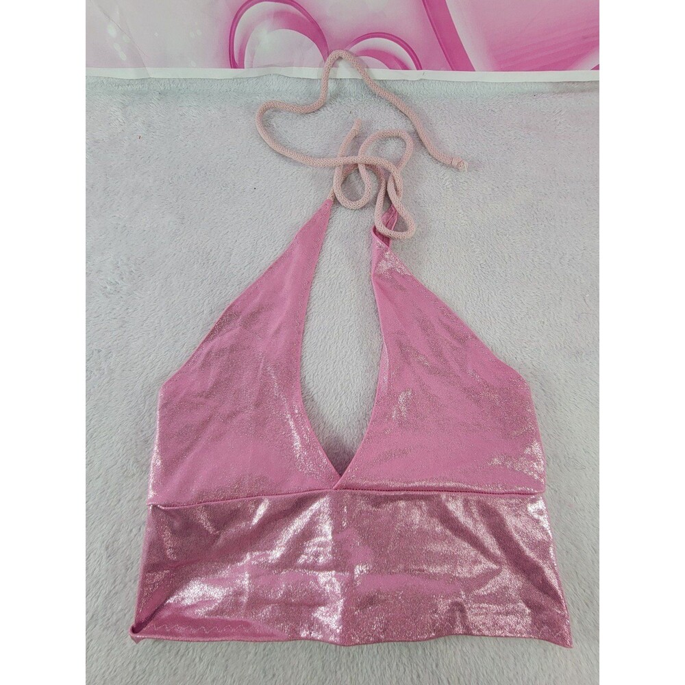 Barbie Pink Metallic Glitter Sexy Halter Crop Top Adjustable Size Small